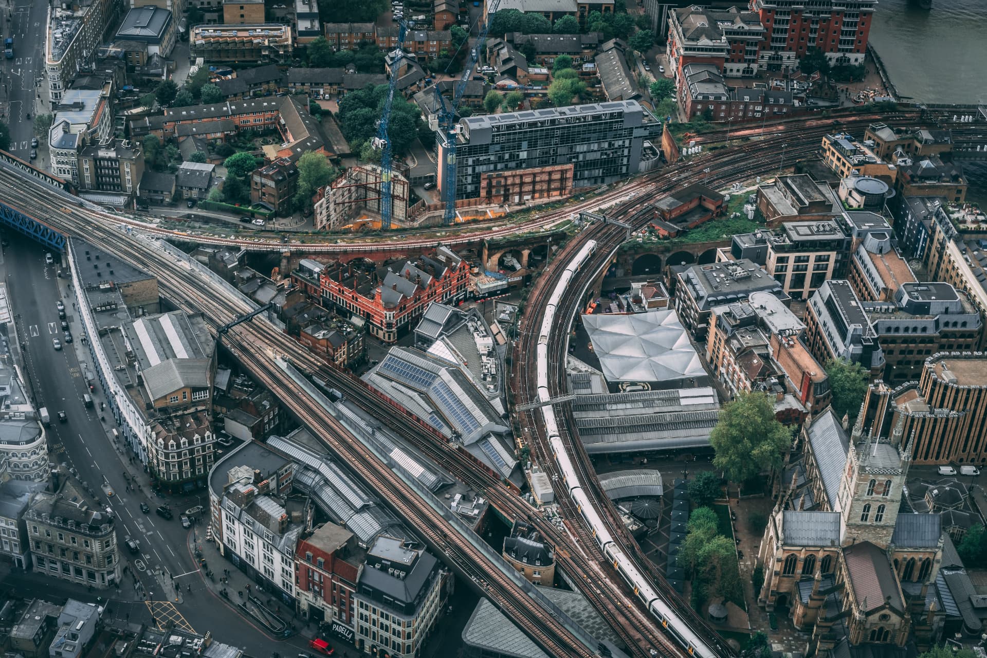 Aerial view of London's urban infrastructure and the River Thames